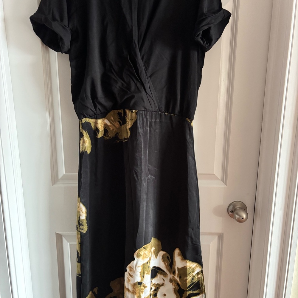 DKNY Black and Gold Floral Midi Dress